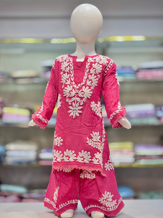 Iconic Muslin Kids Garara Set With 3d embroidery - Made for Tiny Trendsetters